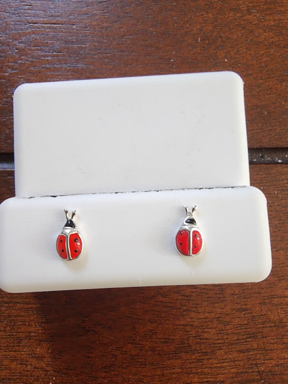 925 S Silver Red and Black Enamel Ladybug Stud Earrings - New